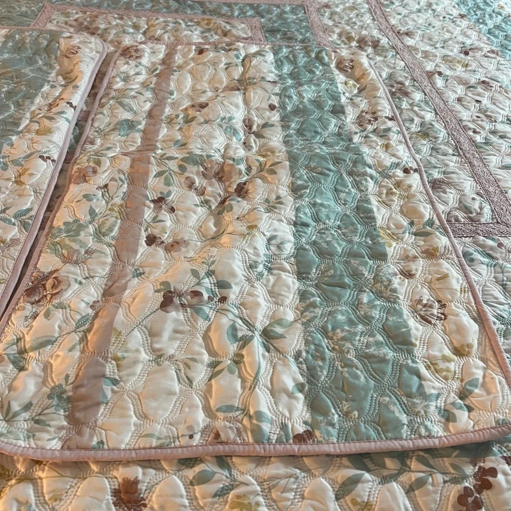 Floral Quilted Bedspread Set 3pc‎ Sage Green Rose Cottagecore Farmhouse Queen